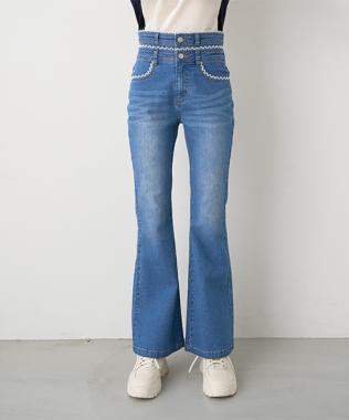 レース付デニムフレアパンツ【韓国ファッション】