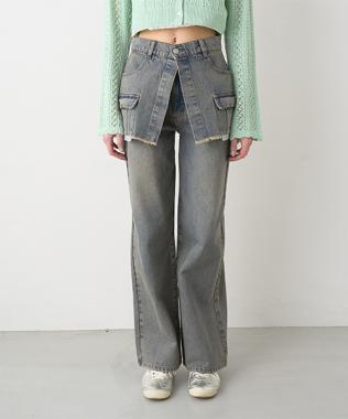 ラップ付デニムワイドパンツ【韓国ファッション】