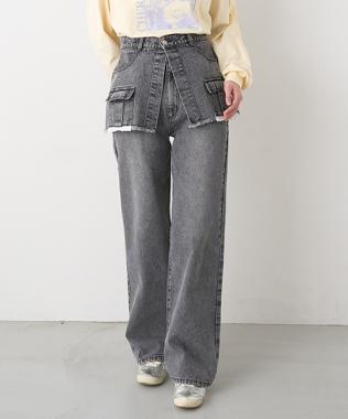 ラップ付デニムワイドパンツ【韓国ファッション】