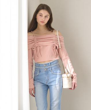 オフショルシャーリングトップス【韓国ファッション】