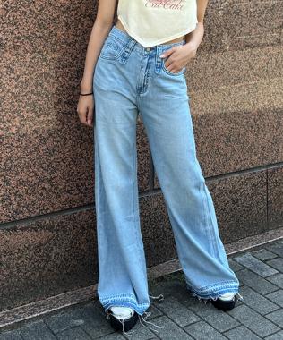 デニム裾加工ワイドパンツ【韓国ファッション】