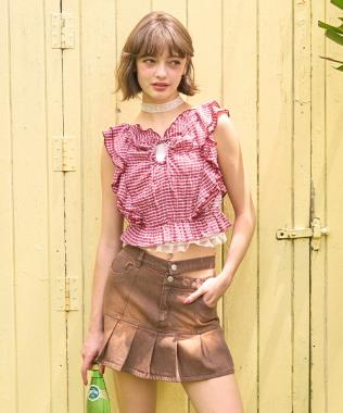 フリルスリーブチェックブラウス【韓国ファッション】