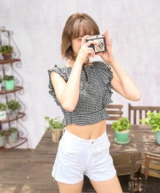 フリルスリーブチェックブラウス【韓国ファッション】
