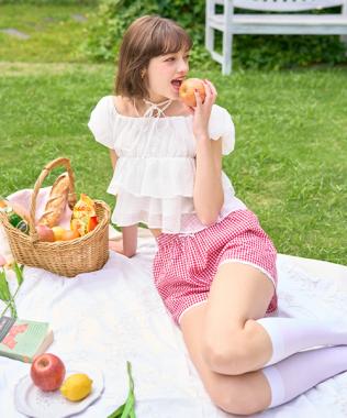 ティアードシアーチェックブラウス【韓国ファッション】