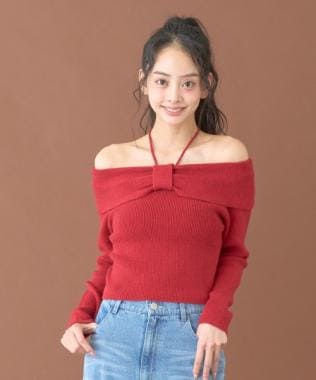 リボンオフショルニットプルオーバー【韓国ファッション】