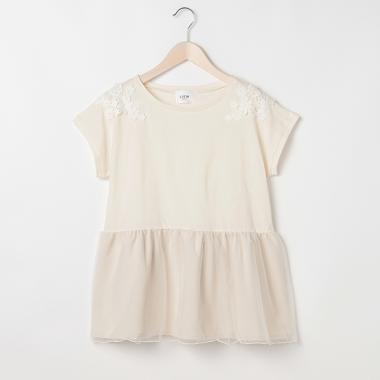 肩花レース裾チュールカットTシャツ