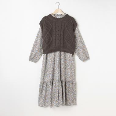 WEB限定色あり【リンク】ニット花柄ワンピセット