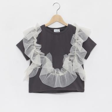 【LADIES】チュールフリル半袖トップス