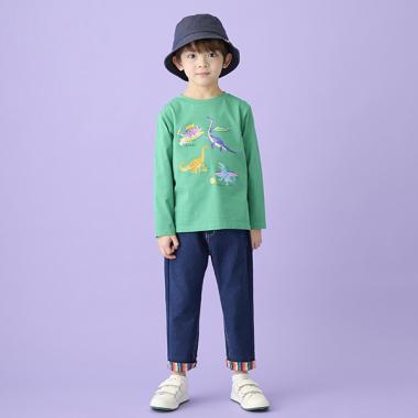 カットデニム裾ストライプ8分丈パンツ