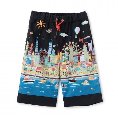 海柄・街柄パネルプリント6分丈パンツ