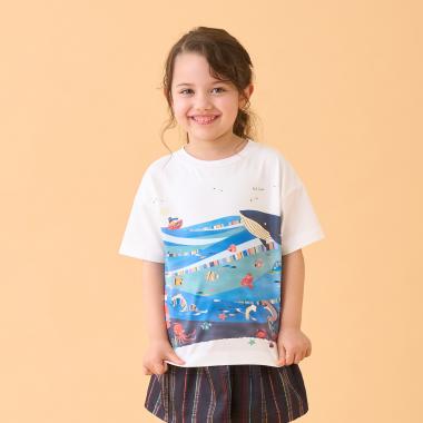 海柄・街柄パネルプリント半袖Tシャツ