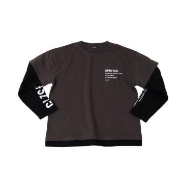 天竺・抗菌防臭加工ドロップショルダー袖プリント重ね着風長袖Tシャツ