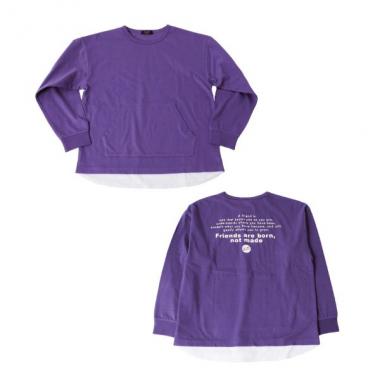 天竺・抗菌防臭加工ドロップショルダーバックプリント裾レイヤード長袖Tシャツ