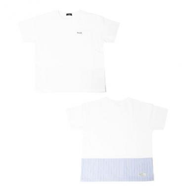 【大人向けサイズあり】天竺・ドロップショルダーストライプ切替半袖Tシャツ