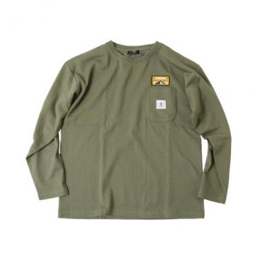 厚手天竺・ドロップショルダーワッペン付きポケット長袖Tシャツ