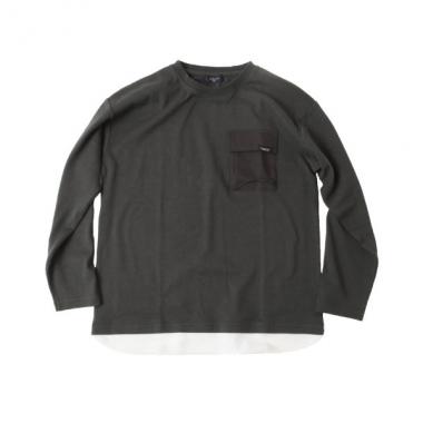 厚手天竺・ドロップショルダーフラップポケット付き裾レイヤード長袖Tシャツ