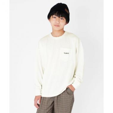 厚手天竺・ドロップショルダーワンポイント刺繍ポケット長袖Tシャツ