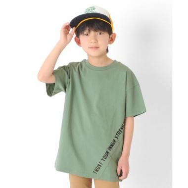 天竺・USAコットン ドロップショルダー斜め切替プリント半袖Tシャツ