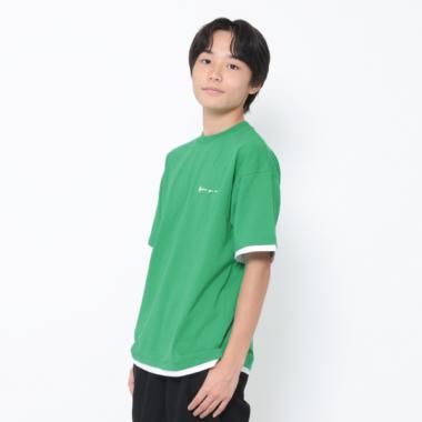【大人向けサイズあり】【防汚加工】ワンポイントロゴ裾レイヤード半袖Tシャツ