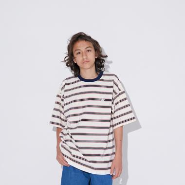 【大人向けサイズあり】ボーダー・ワンポイント刺しゅうレイヤードビッグ半袖Tシャツ