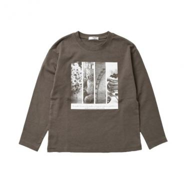 天竺・ドロップショルダープリント長袖Tシャツ