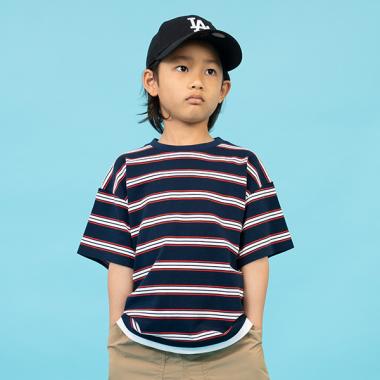 【SKIT0LY】ボーダー・ポイント刺繍レイヤード半袖Tシャツ