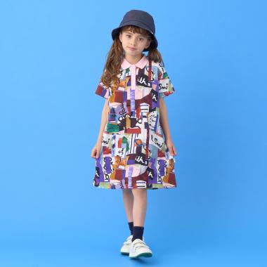 コラージュ柄半袖ポロワンピース