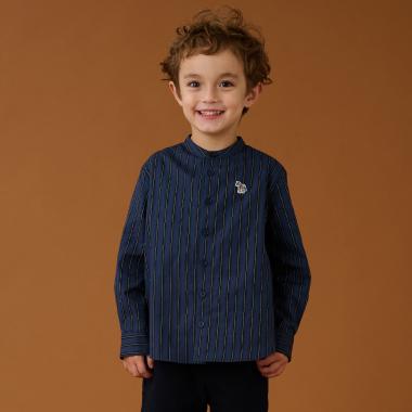 ノーカラーストライプ長袖シャツ