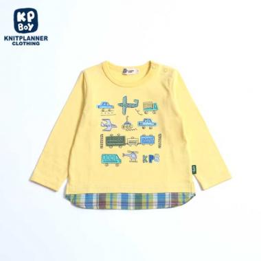マドラスチェック裾切り替え乗り物長袖Tシャツ(80～90)