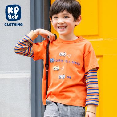 車アップリケ レイヤード風長袖Tシャツ