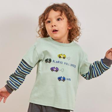 車アップリケ レイヤード風長袖Tシャツ