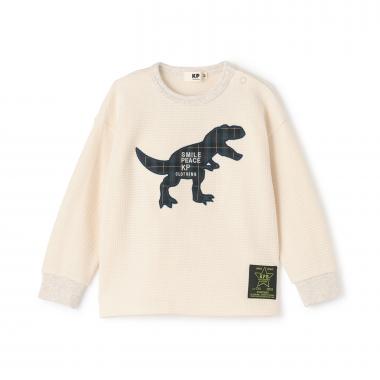 チェック恐竜アップリケ ワッフル長袖Tシャツ