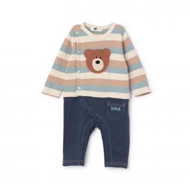 クマ編モチーフ マルチボーダー×杢裏毛 カバーオール