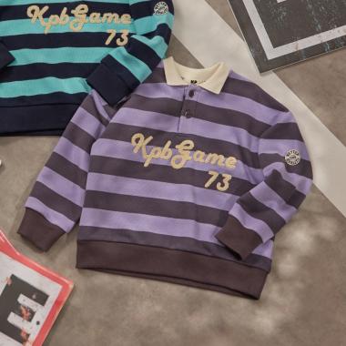 衿付き ボーダー裏毛トレーナー