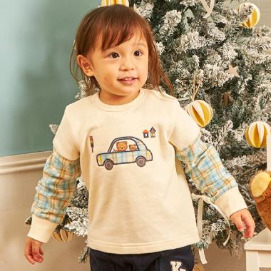 先染チェック車アップリケ 裏毛トレーナー