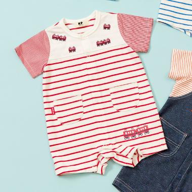 電車刺しゅう ボーダー柄 ショートオール