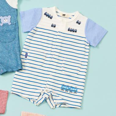 電車刺しゅう ボーダー柄 ショートオール