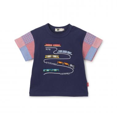 電車モチーフ パッチワーク袖 Tシャツ