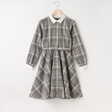 ＊長袖チェック白衿ワンピース