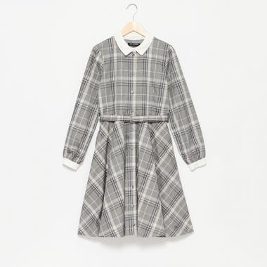 ＊長袖チェック白衿ワンピース