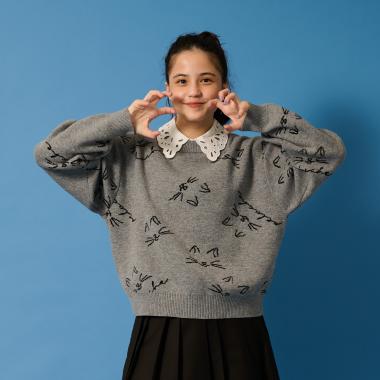 【AMI】猫総柄ジャカード衿つきニット