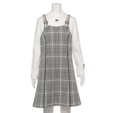 ハイネックリブTシャツ×肩ベルトワンピースセット