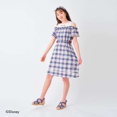 【DISNEY】 ミニーマウスデザイン ヘアバンドつきオフショルチェックワンピース