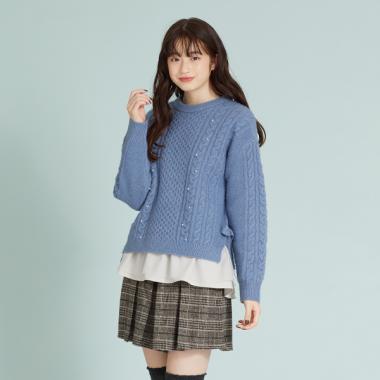 フェイクパールつきもっちリニット×裾チュールTシャツセット