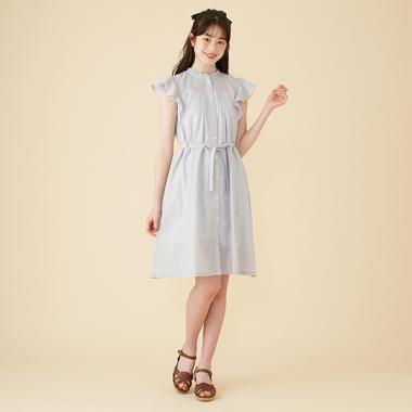 フリル袖Aラインシャツワンピース