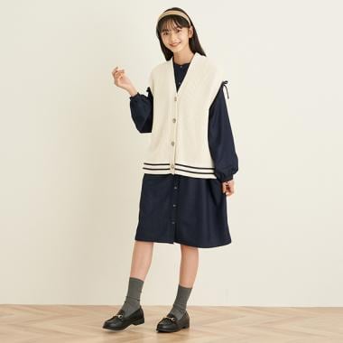 フロント釦ニットベスト+ワンピースセット