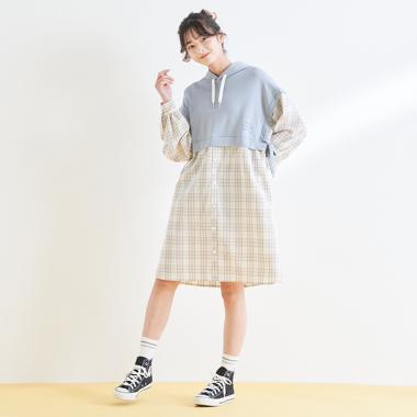 パーカレイヤード風シャツワンピース