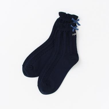 柄編み後ろリボンクルーソックス【日本製】