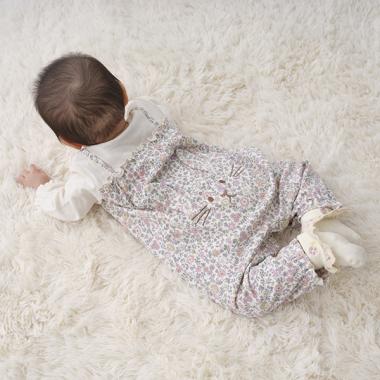 お尻ウサギ花柄切替長袖カバーオール