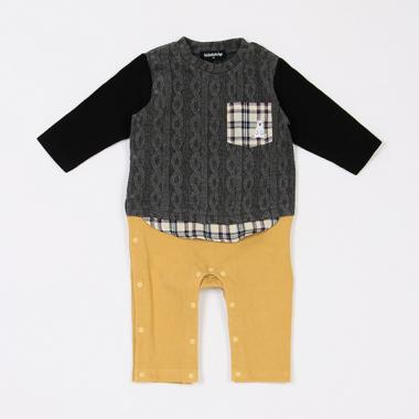 クマワンポイントレイヤード風長袖カバーオール